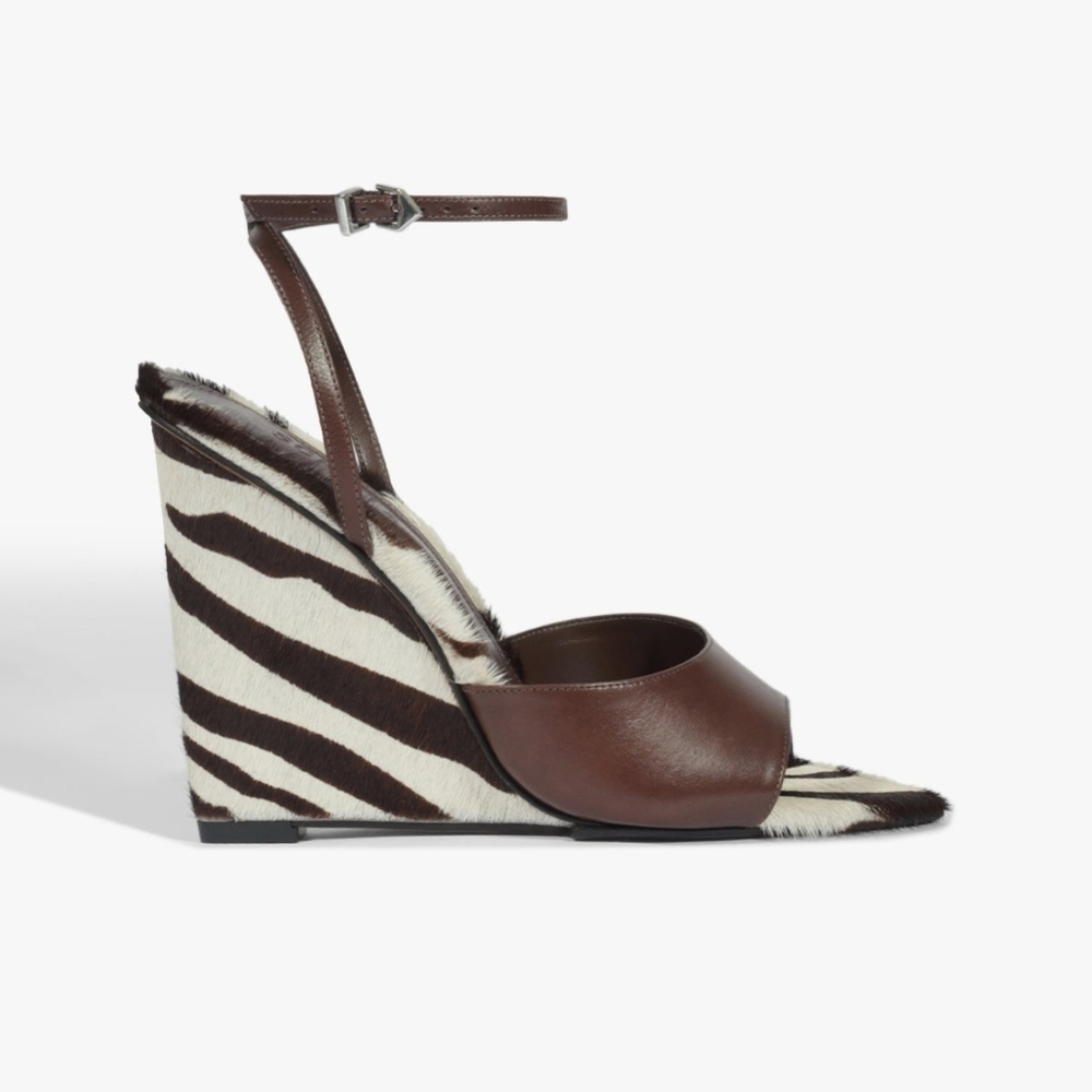 Schutz Elodie Brown Calf Hair Zebra Print Wedge Sandals